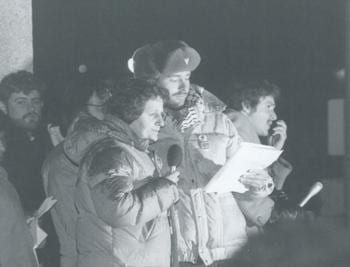 Tim McCaskell, pictured with Pat Murphy, at the Feb 20, 1981, bathhouse riot.