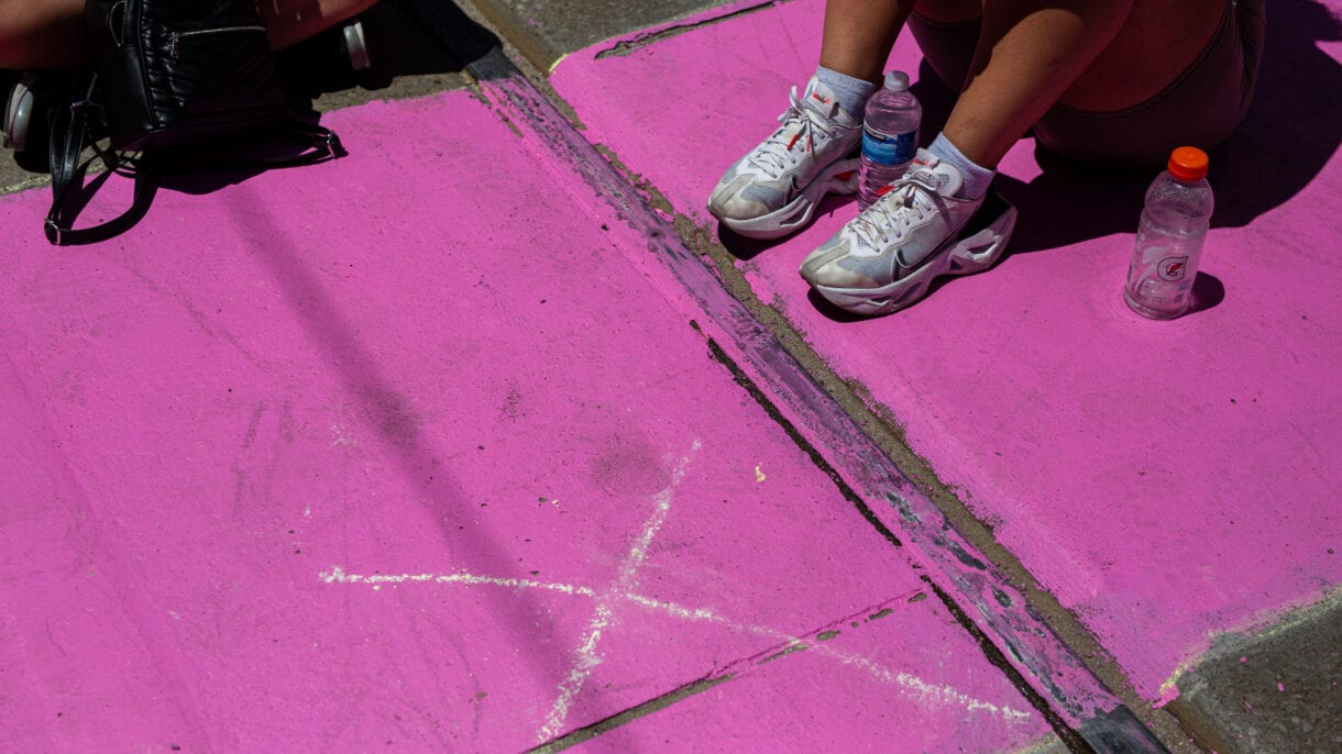 Chalk marker helped protesters observe physical distancing.