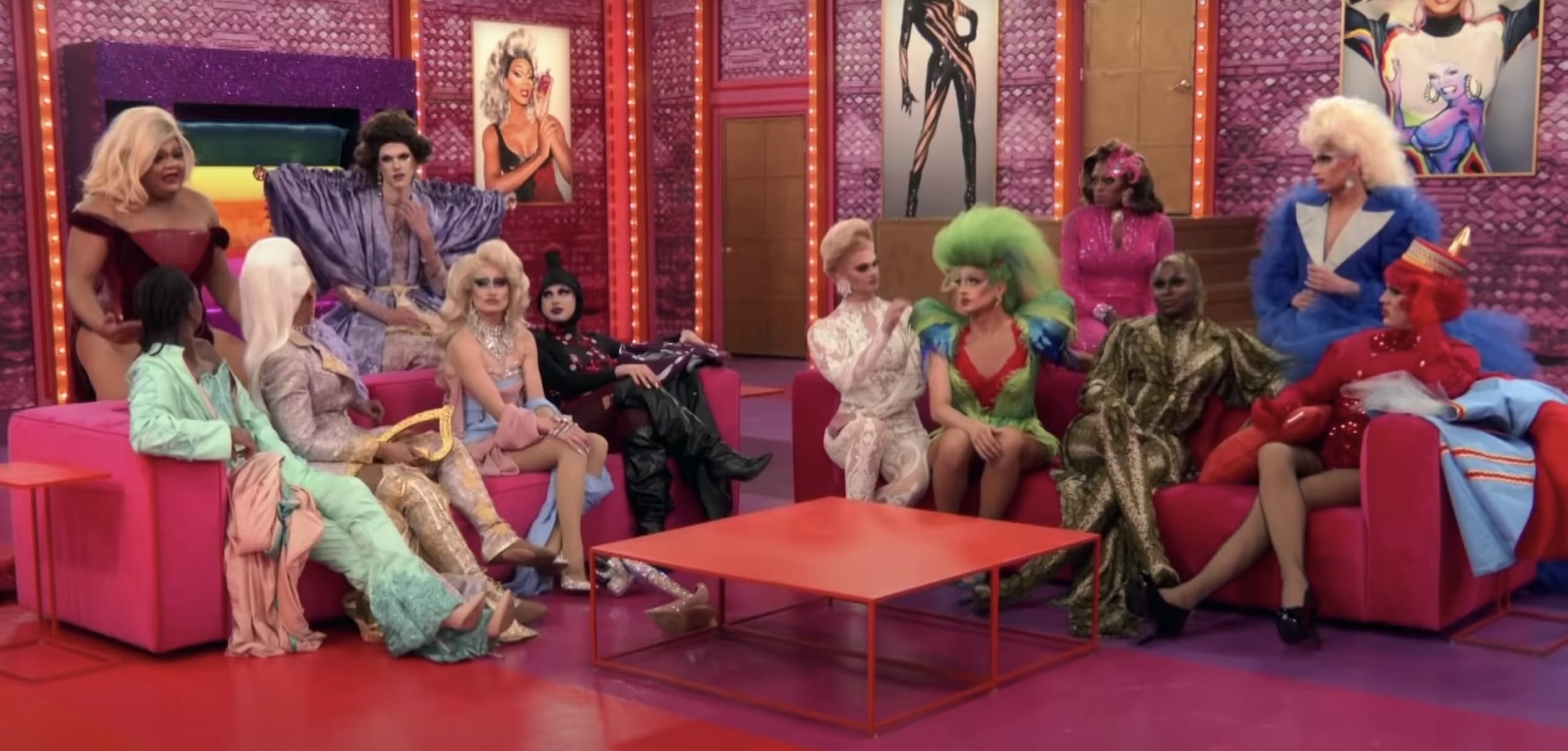 A shot of the cast from RuPaul's Drag Race Season 13 episode 5 following Kahmora Hall's elimination.
