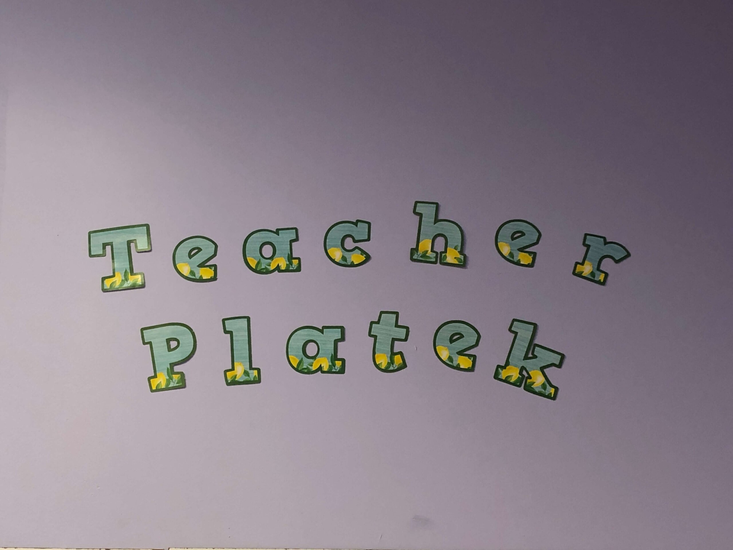 Bulletin board that reads "Teacher Platek," a non-binary teacher who taught in Ohio and is now teaching in Illinois.