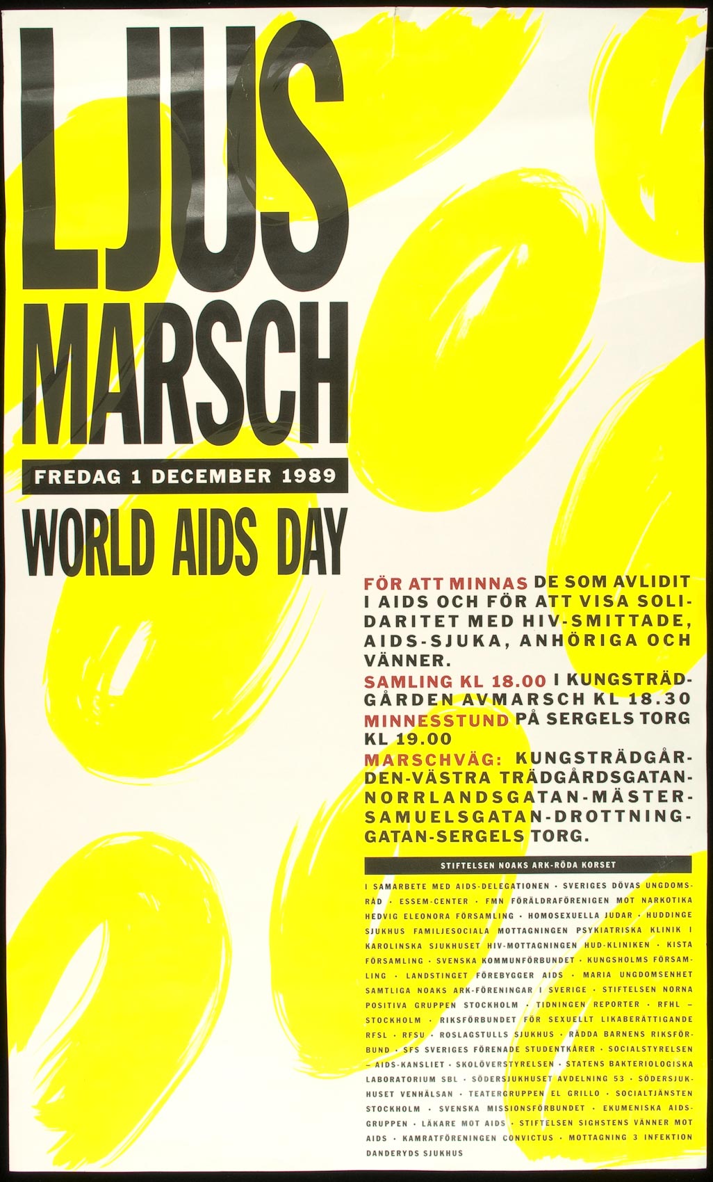 Stylized candle flames painted in vibrant yellow comprise the only visual element in this poster for World AIDS Day.