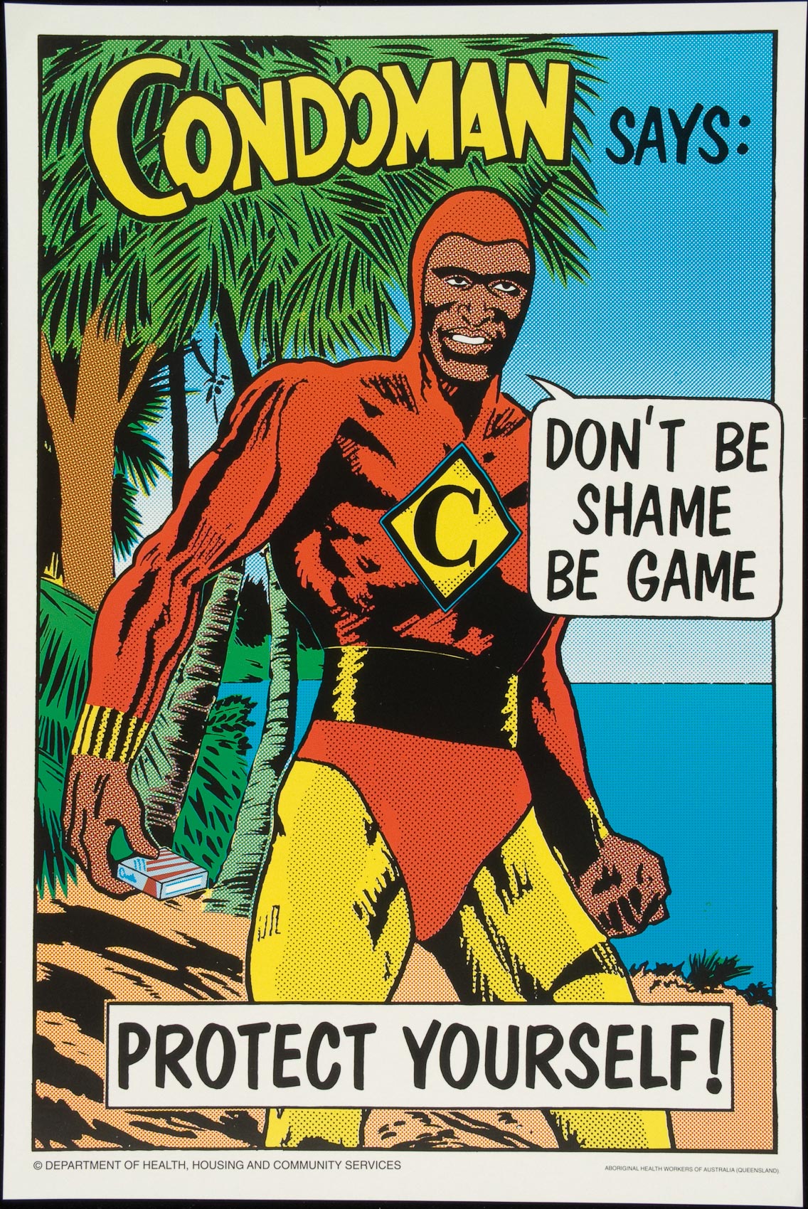 A cartoon superhero in black and yellow tights holds a packet of condoms in one hand.