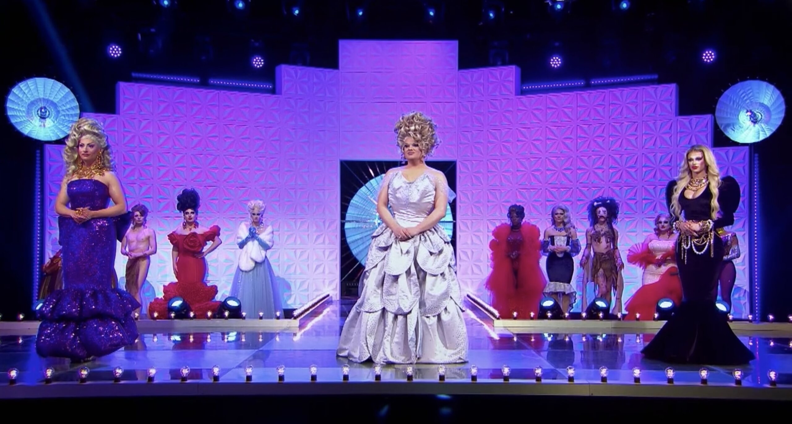 Ella Vaday, Kitty Scott-Claus and Krystal Versace on the finale of RuPaul's Drag Race UK 3