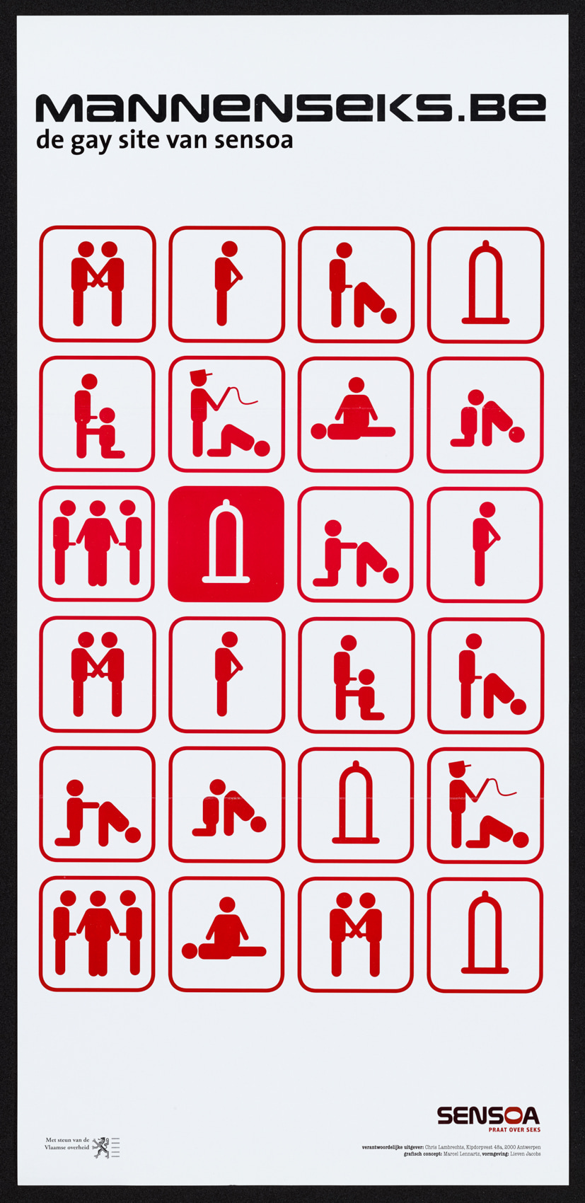 A number of panels featuring various sex acts, drawn like old washroom signs with drawings of condoms sprinkled throughout.
