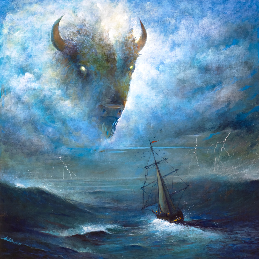 The head of a white buffalo appears in the sky above a ship at sea.