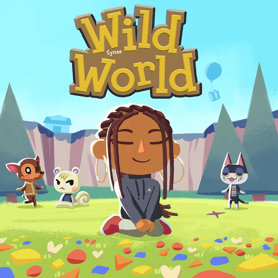 The cover art for Wild World, looking like a scene out of Animal Crossing with cartoon animals and a very cute version of Synae in the middle.