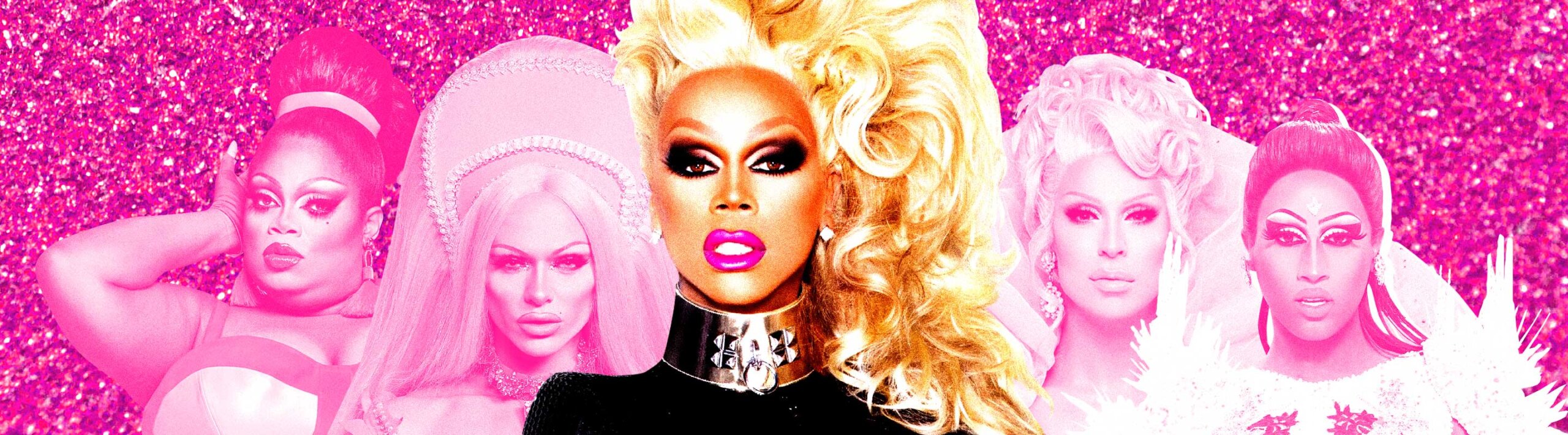 A collage of drag queens, with RuPaul, front and centre.