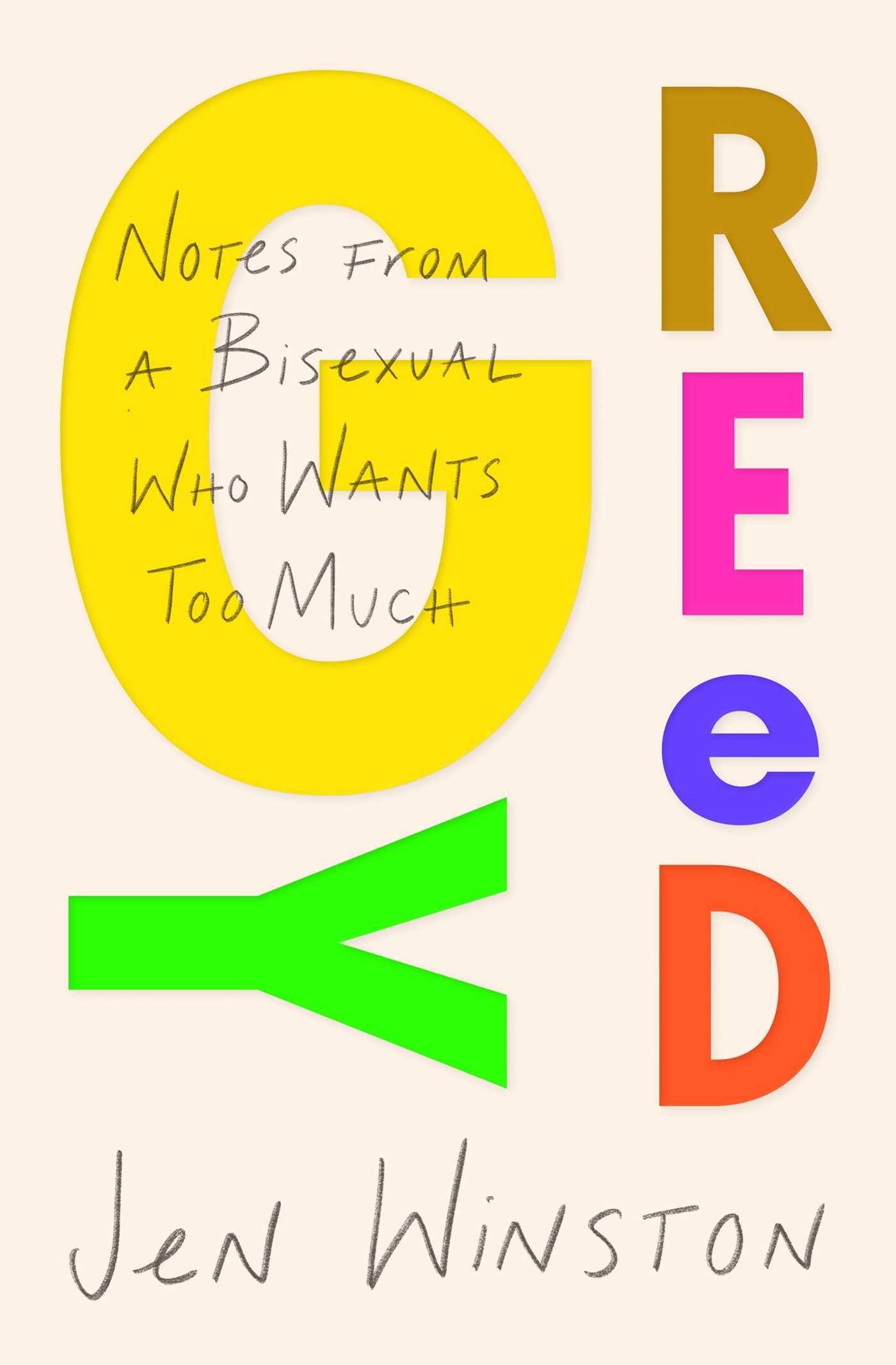 The Greedy book cover, with the word Greedy spelled out in different bright coloured letters in odd positions.