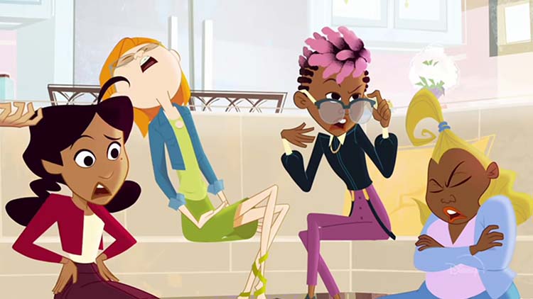 Four queer women drawn in a fresh modern Disney-esque style