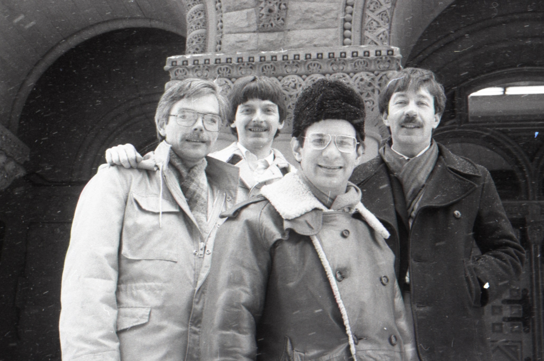 The defendants in The Body Politic obscenity trials Ed Jackson and Gerald Hannon, with lawyer Clayton Ruby (in the hat).