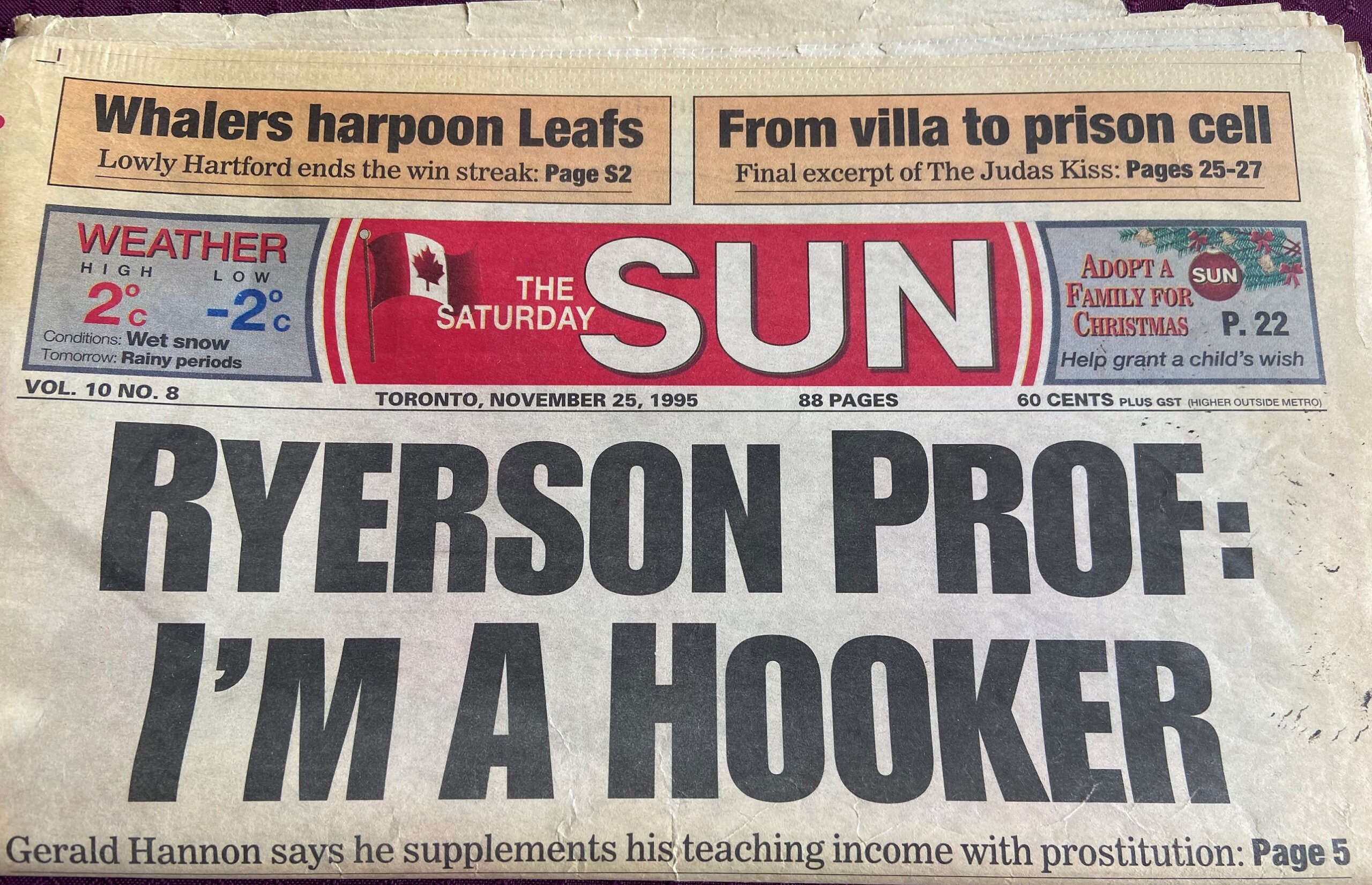 Gerald Hannon headline in Toronto Sun, Ryerson Prof: I'm a Hooker