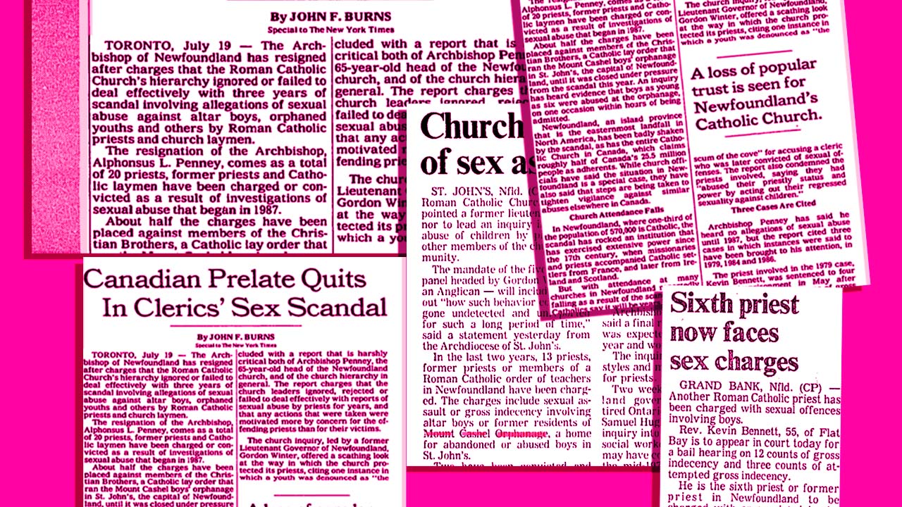 Newspaper clippings with headlines about the scandal