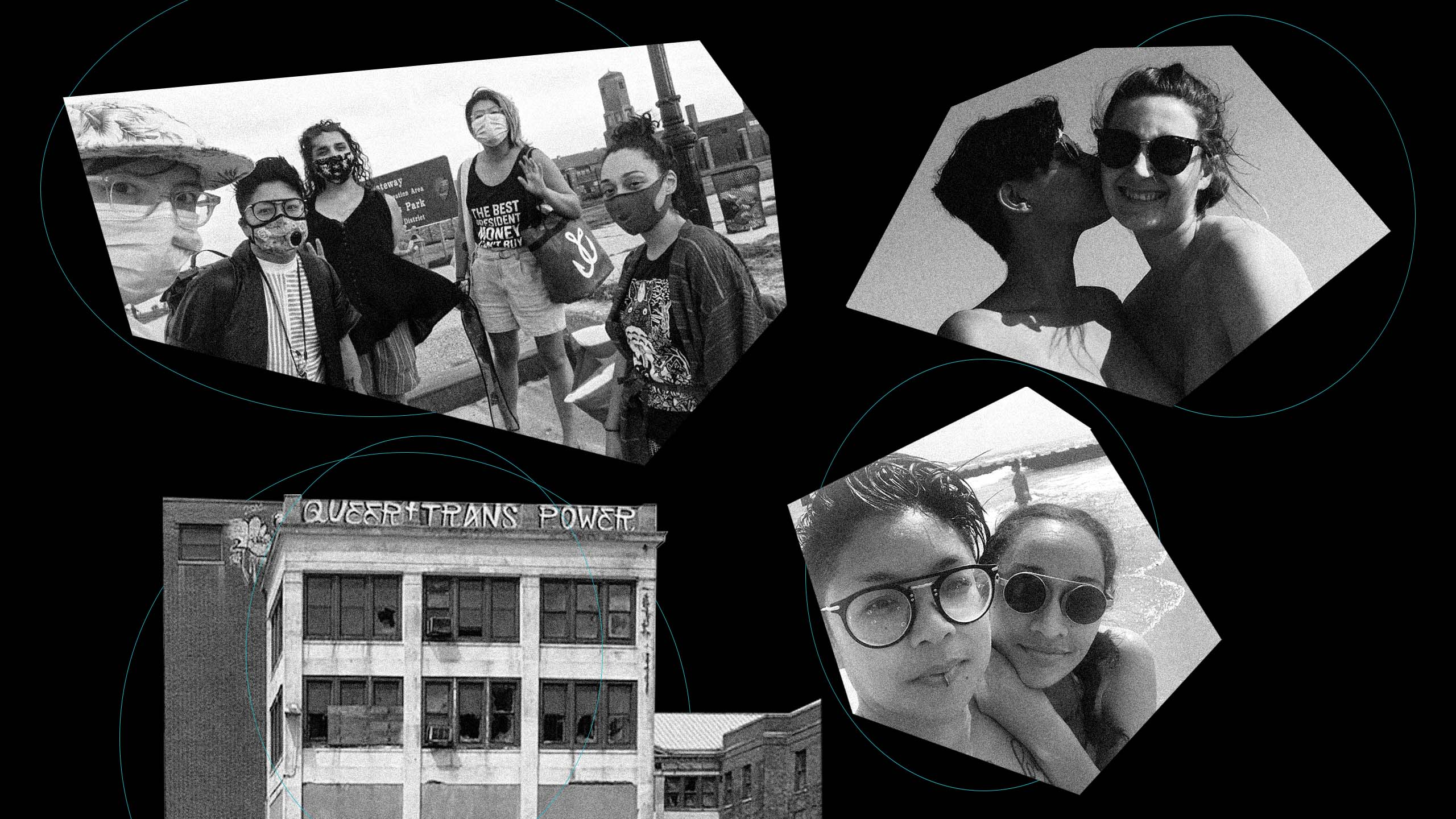 Collage of black and white photos including a wall that says "Queer + Trans Power," a group and two pairs enjoying Riis Beach