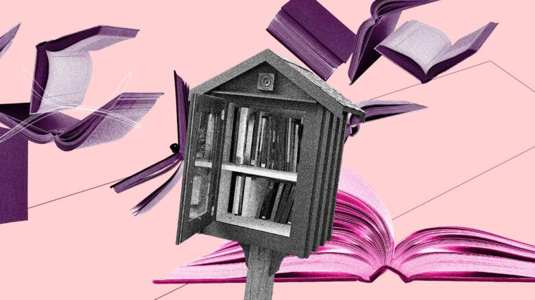 A black and white image of a Free Little Library on a pink background with pink and purple books in the background
