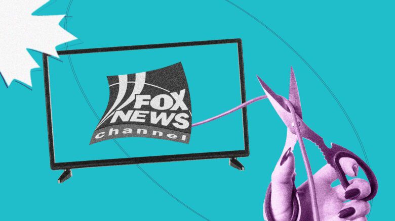 Fox News' logo in a TV screen shaped frame, an upside-down maple leaf and scissors cutting a cord from the logo.