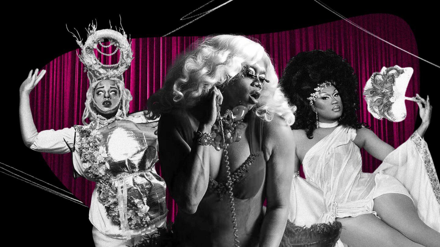 Drag performers Lúc Ami, Chanel Mercedes Benz and Bambi Banks appear in black and white in front of a red curtain