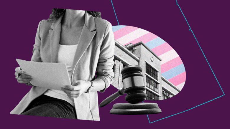 A teacher in a blazer holding a paper, a school, the trans flag colours, a map of Saskatchewan and a gavel in a collage against a purple background