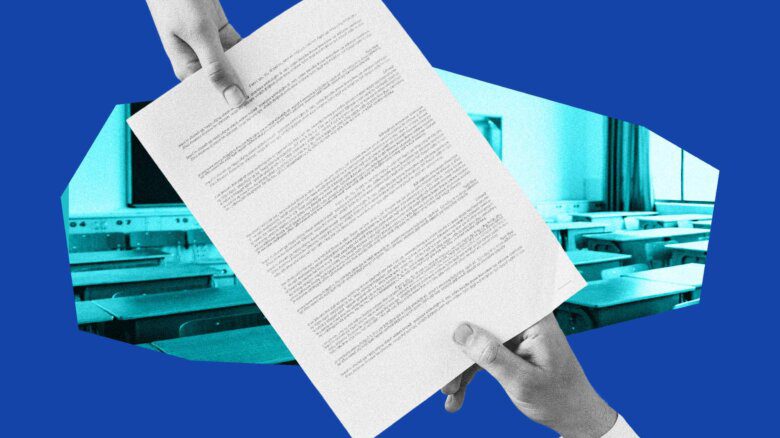 Blue background with a classroom in it with hands passing a document over top.