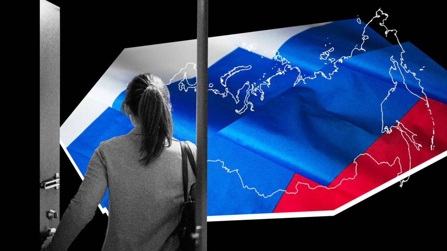 The back of a person with a ponytail, blazer and purse walking through a door. The background they are walking toward is a map of Russia on top of a Russian flag.