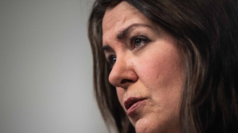Close-up photo of Alberta Premier Danielle Smith's face in profile