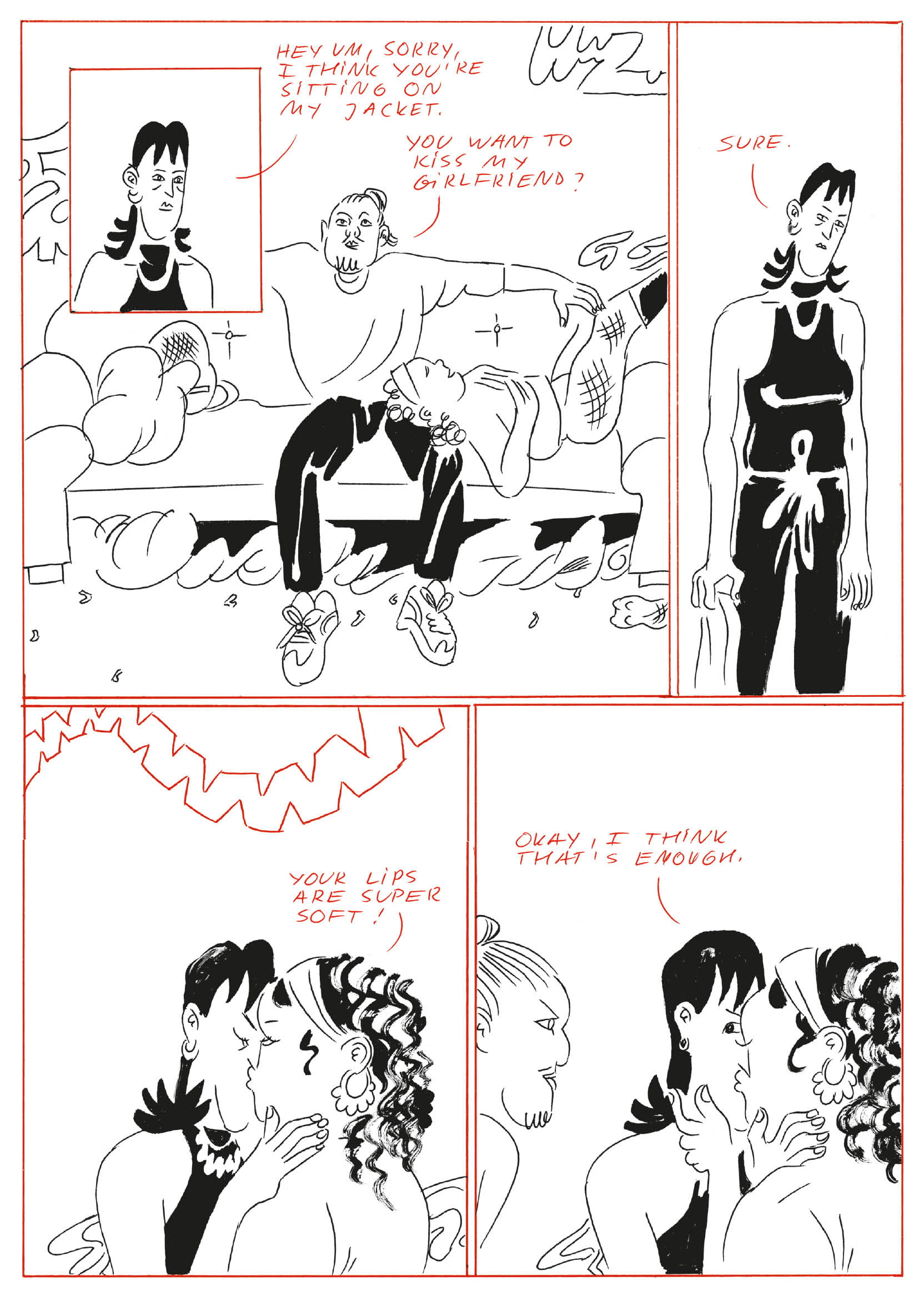 Four comic panels depicting a scene at the club; a dude asks Ingken if they want to kiss his girlfriend, they are interested, until they notice he’s staring at the two of them too intently.