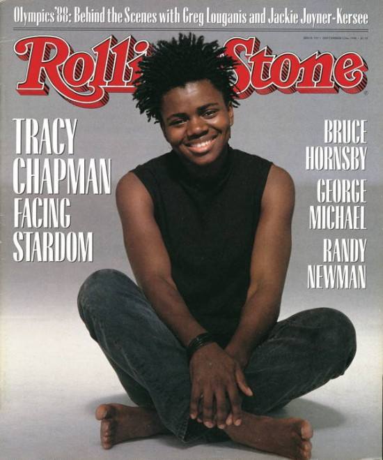 Tracy Chapman sits crossed legged wearing black on the cover of a 1988 Rolling Stone