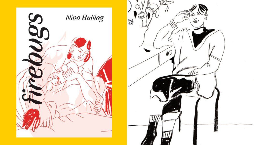 Side by side images of the book cover of Nino Bulling's Firebugs and a self-portrait of the author; the book cover is on a yellow background.