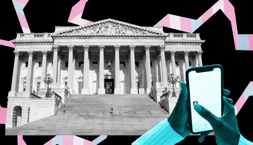 The United States Capitol appears in front of Trans Flag colours; hands holding a smartphone with the TikTok logo on it are shown in front, under a blue filter.