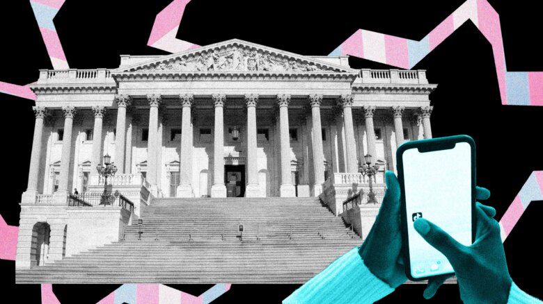 The United States Capitol appears in front of Trans Flag colours; hands holding a smartphone with the TikTok logo on it are shown in front, under a blue filter.