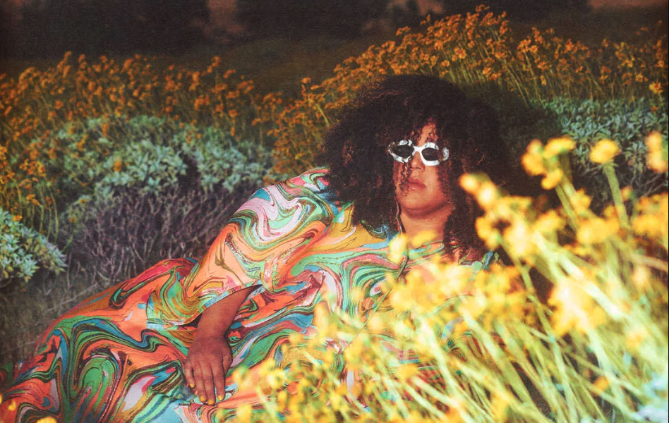 Cover art for Brittany Howard's new solo album, What Now. Howard wears a psychedelic print and white sunglasses. Plants surround her.