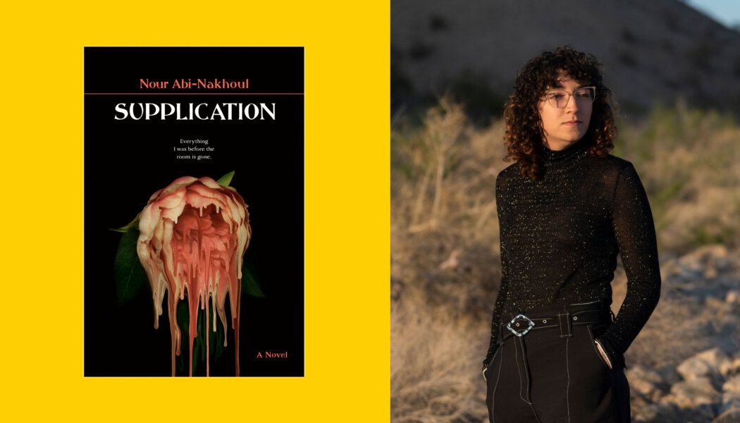 Side by side photos of the book cover of Supplication and author photo of Nour Abi-Nakhoul. The book cover is on a yellow background. Abi-Nakhoul wears all black and glasses and has dark curly hair.