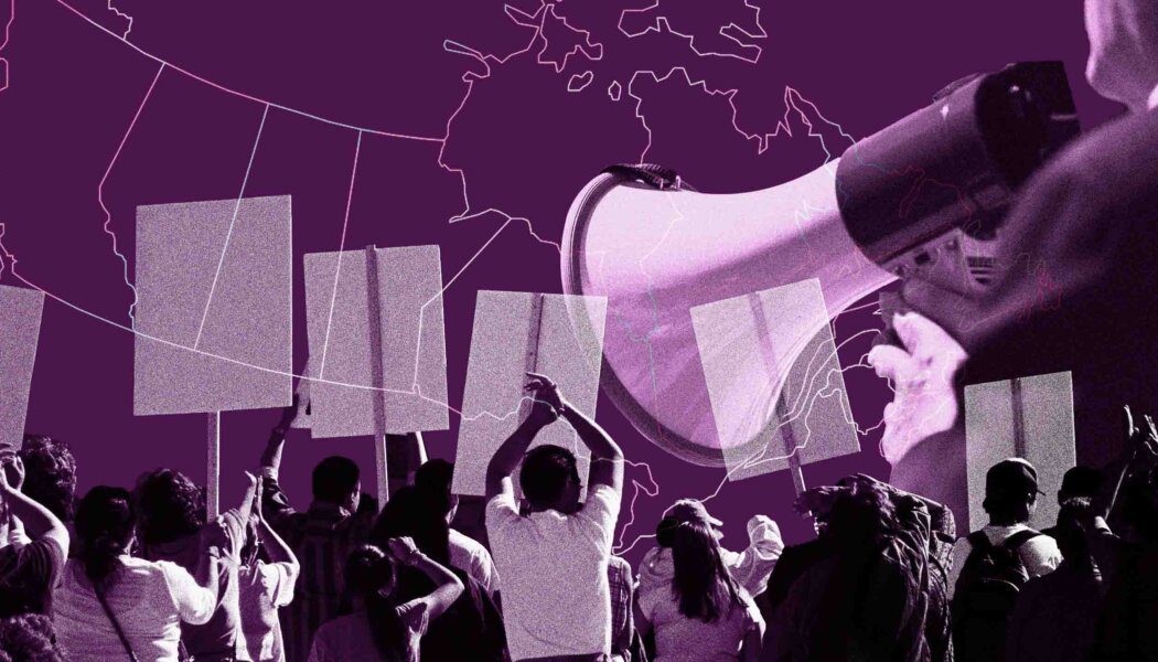 Collage on purple of a person with a megaphone, protesters with placards and the outline of a Canadian map