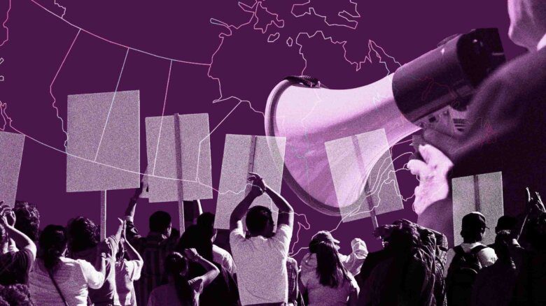 Collage on purple of a person with a megaphone, protesters with placards and the outline of a Canadian map