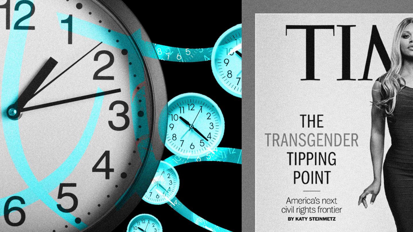 The Time Magazine cover with Laverne Cox on it that says "The transgender tipping point: America's next civil rights frontier. By Katy Steinmetz" in black and white, surrounded by clocks under a blue filter.