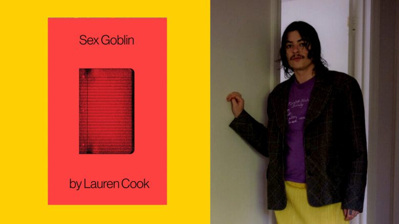 Side by side images of author Lauren Cook and his book Sex Goblin. The book is on a yellow background.