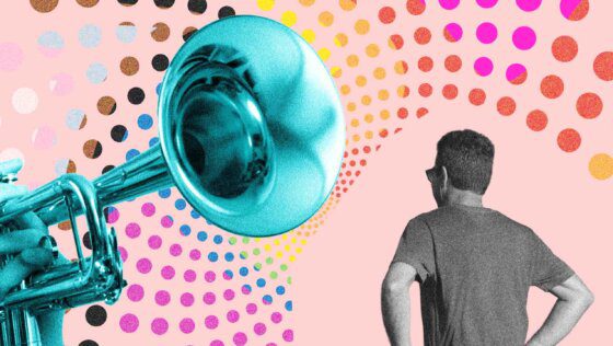 A collage of a hand playing a trumpet, a person with their hands on their hips, and colourful dots on a pink background.