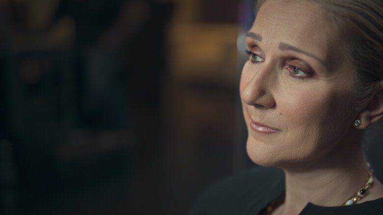 A close-up of Celine Dion's face, looking emotional, in I Am: Celine Dion