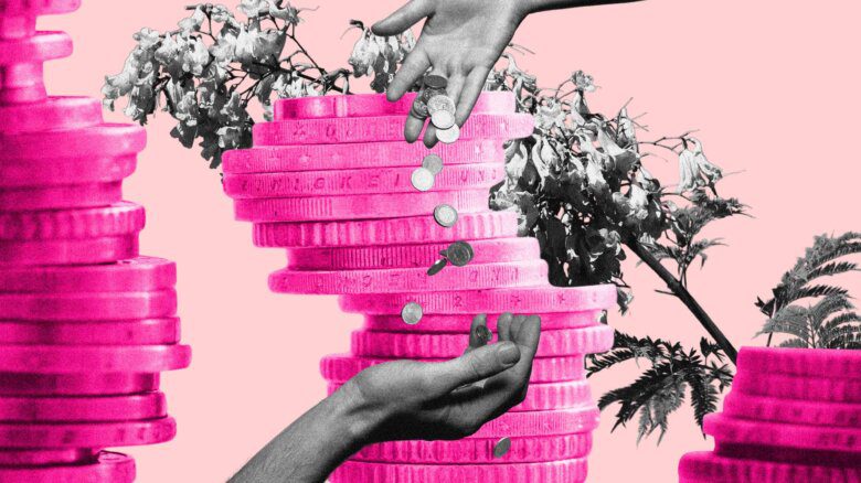 A light pink background; hot pink stacks of coins; black and white hands dropping and collecting coins; black and white wilted flowers