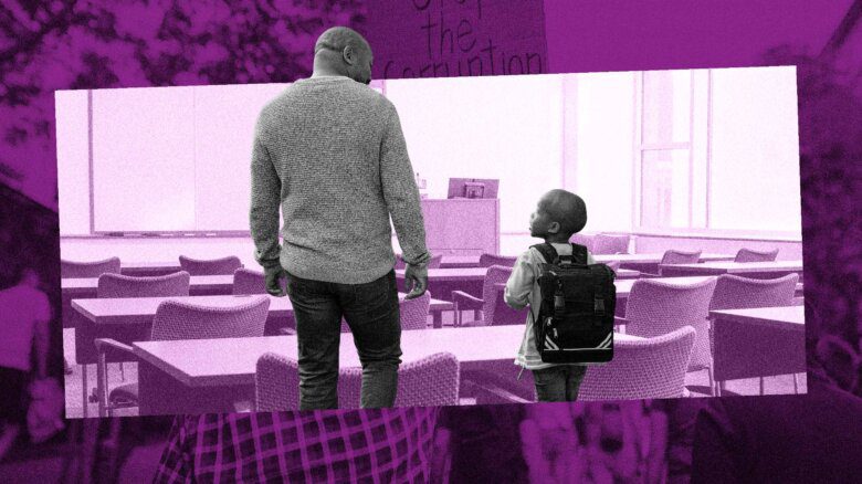 A man and child from behind in a classroom; the child carries a backpack. Behind this image is one of a "parental rights" rally. The full image is under a purple filter.