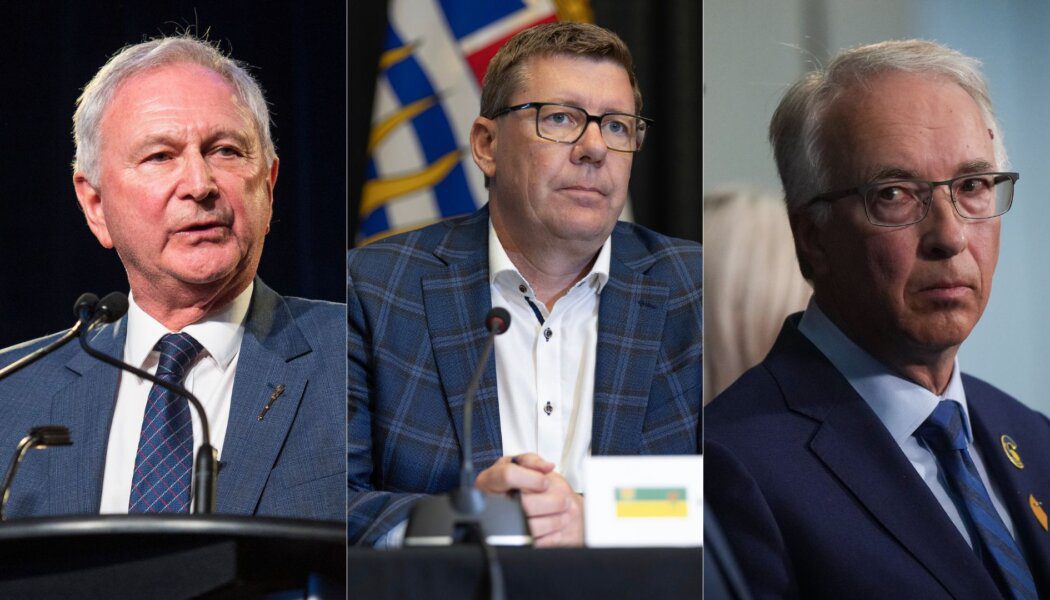 Blaine Higgs, Scott Moe and John Rustad featured in side-by-side images. All are wearing blue blazers and collared shirts; Higgs and Rustad wear blue patterned ties.