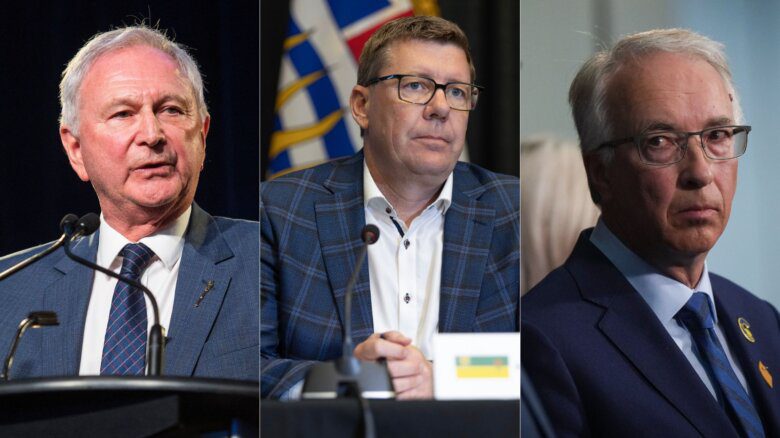 Blaine Higgs, Scott Moe and John Rustad featured in side-by-side images. All are wearing blue blazers and collared shirts; Higgs and Rustad wear blue patterned ties.