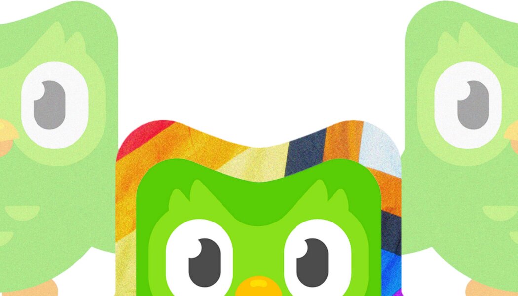 Three images of Duo, Duolingo's green owl character, side by side. The middle image is surrounded in Pride flag colours.