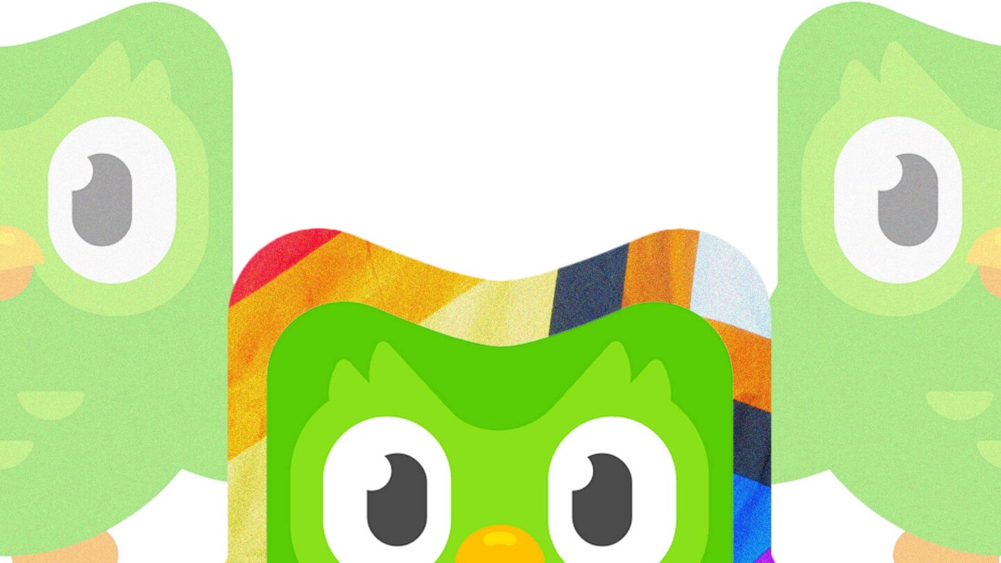 Three images of Duo, Duolingo's green owl character, side by side. The middle image is surrounded in Pride flag colours.