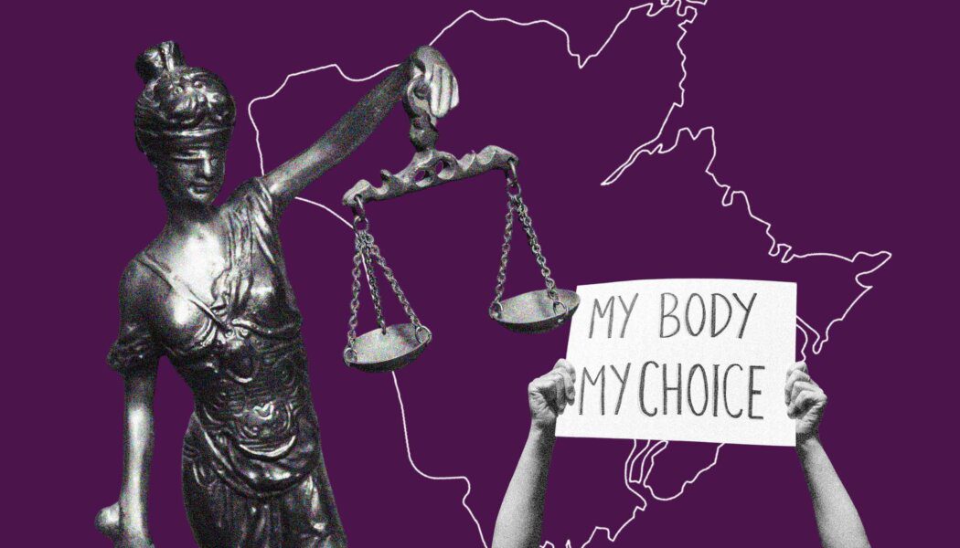 A purple background with Lady Justice, a map of New Brunswick and hands holding a "My Body, My Choice" sign