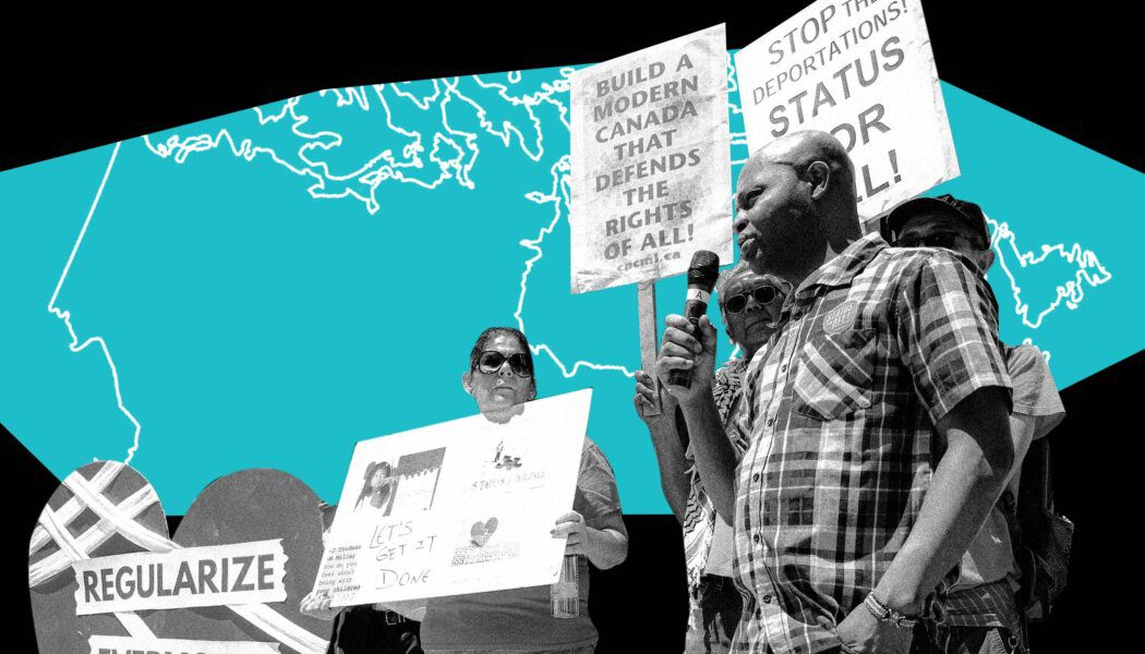 Charles Mwangi speaks at a protest with The Migrant Workers Alliance. Three people holding placards or signs are seen gathered around him. A map of Canada is behind them, in white on a blue background.