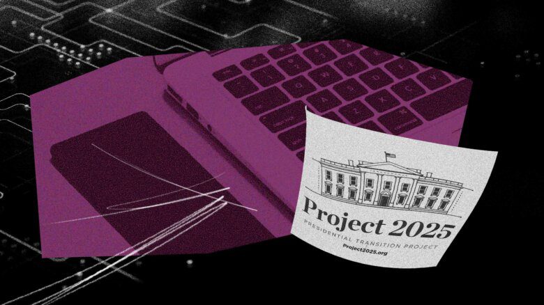 A computer under a purple filter with "Project 2025" over it in black and white