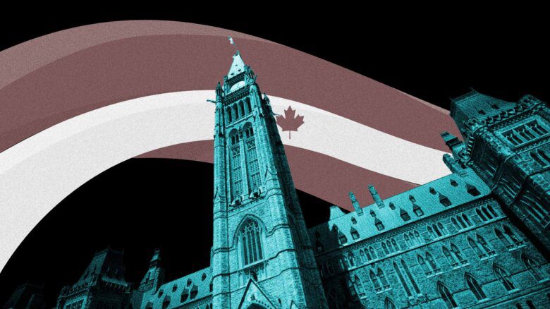 Canadian parliament building with Canada flag colours and a maple leaf behind it