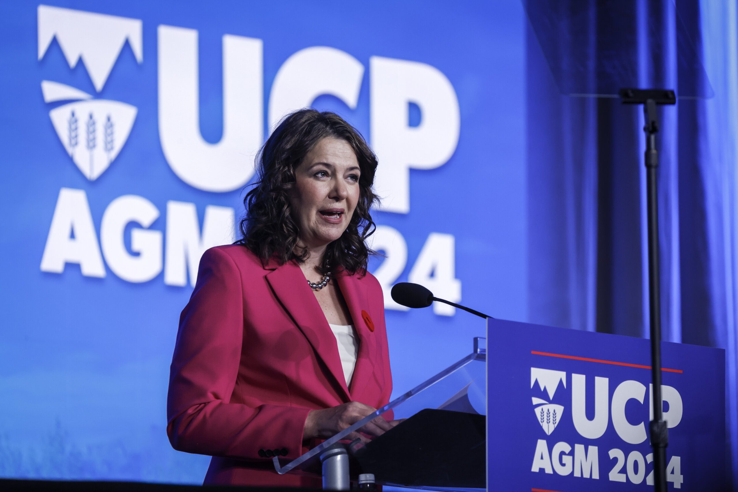 United Conservative Party leader Danielle Smith addresses party members at their annual meeting in Red Deer, Alta., in November.