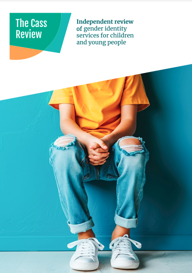 Cover of "The Cass Review: Independent review of gender identity services for children and young people" shows a person from the shoulders down in a yellow t-shirt, ripped blue jeans and white sneakers.