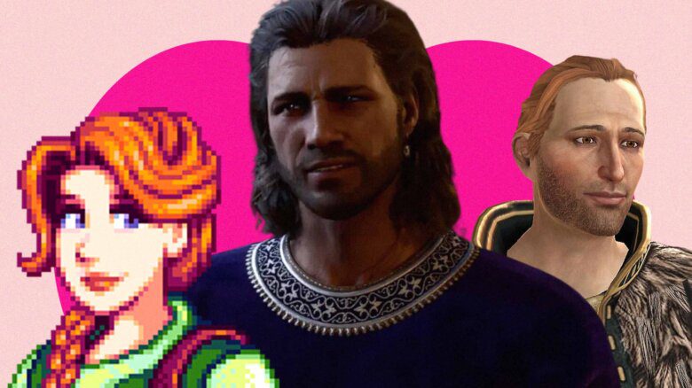 Three video game characters— Leah from Stardew Valley, Gale from Baldur's Gate 3, and Anders from Dragon Age II— against a pink background with a brighter pink heart on it.